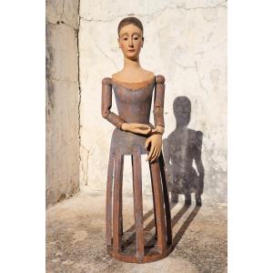 18th Century Portuguese Baroque Santos Cage Doll With Glass Eyes, Virgin, Mannequin