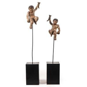 Pair Of 18th Century Cherub Putti Sculptures Holding A Cornucopia Of Abundance And Orb