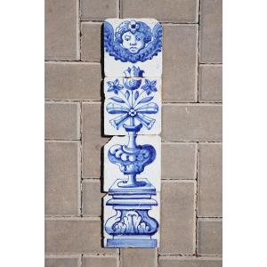18th Century Blue & White Set Of Four Tiles With Angel Above Flower Vase