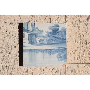18th Century Blue And White Portuguese Tile Depicting Medieval Houses By The River