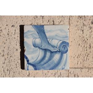 18th Century Blue And White Portuguese Tile Depicting A Foot On A Rocaille Ribbon