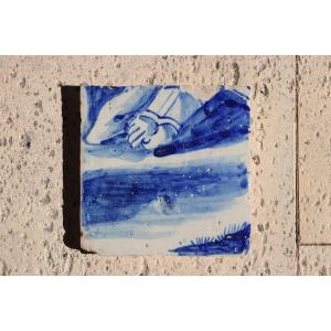 18th Century Blue And White Portuguese Tile Depicting A Foot On A Baroque Sandal