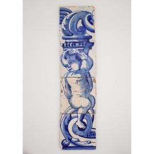 18th Century Set Of Four Tiles Depicting A Cherub Holding A Baroque Torchiere