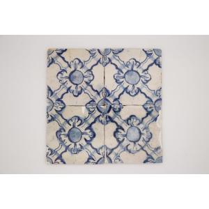 18th Century Set Of Four Tiles Blue & White Floral Shapes, Portuguese