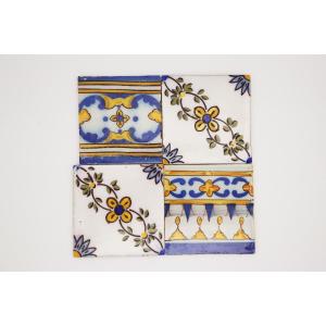 19th Century Set Of Four Baroque Floral Tiles, Portuguese