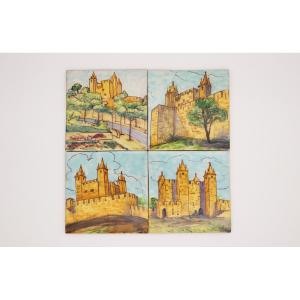 19th Century Set Of Four Tiles Depicting Castles, Portuguese