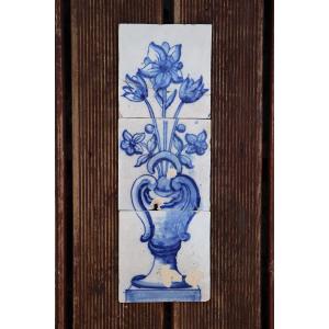 18th Century Baroque Set Of Three Tiles Depicting A Flower Vase