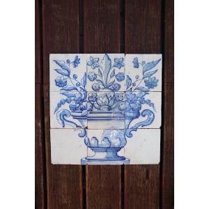 Tile Mural Panel Depicting A Baroque Jardinière With Flowers, Portuguese, 18th Century