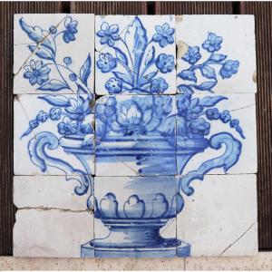 Tile Mural Panel Depicting A Baroque Jardinière With Flowers, Portuguese, 18th Century