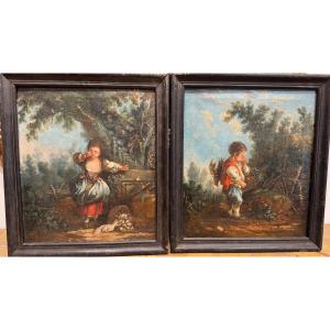 Pair Of Oil On Canvas (2 Children In A Park) 18th Century