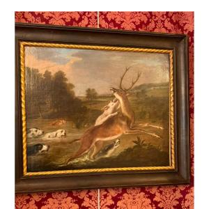 Oil On Canvas (deer Attacked By Dogs) 18th Century