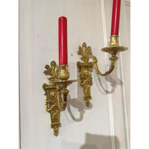 Pair Of Louis XIV Period Gilt Bronze Wall Sconces With One Light Arm 