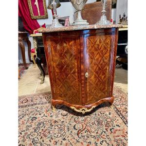 Louis XV Period Corner Cabinet With Marquetry In The Style Of The Queen's Wood, Stamped By Migeon