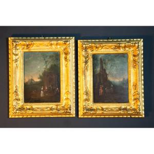 Diptych, Landscapes And Gallant Scene, Flemish School, 18th Century