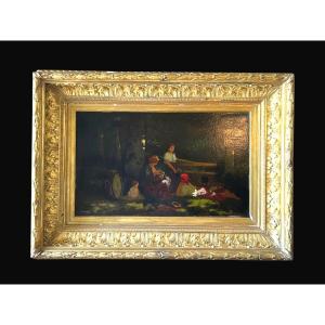 Famille Romani Dans Une Clairière - Oil On Panel, 19th Century