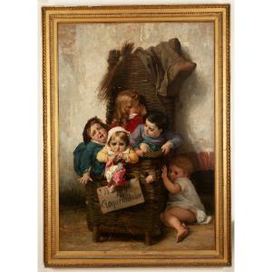 Oil On Canvas: "the Bogeyman's Luggage", 1874 - Timoléon Marie Lobrichon (1831–1914)