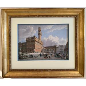 Watercolor On Paper: "view Of The Piazza Della Signoria", Circa 1850 -amadeo Preziosi (1816-1882)