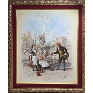 Oil On Panel: "at The Clear Fountain" – Luigi Loir 