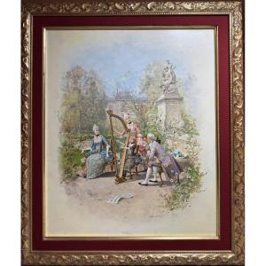 Oil On Panel: "the Harp Lesson" – Luigi Loir (1845–1916)