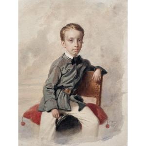 Guido Gonin - Charming Portrait Of A Boy - Watercolor On Cardboard, 1859