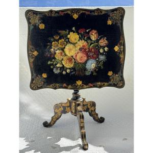 Napoleon III Pedestal Table In Black Lacquered Wood With Floral Decoration - 19th Century