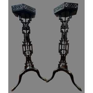 Pair Of Selettes In Black Lacquer, England 19th Century