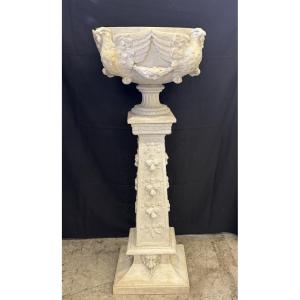 Basin On A Column In White Carrara Marble, Late 19th Century