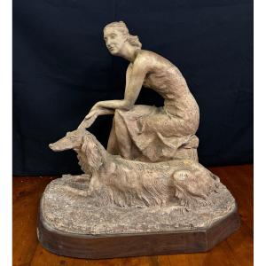 Giandomenico De Marchis (1893-1967) Sculpture "woman With A Greyhound" In Terracotta - 1940s