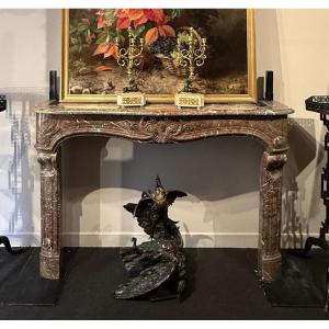 Louis XV Style Fireplace In Breccia Marble, France, 19th Century