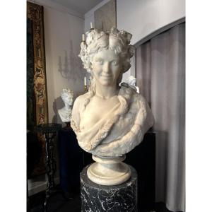 Large Bust Of A Bacchante In White Carrara Marble, 19th Century