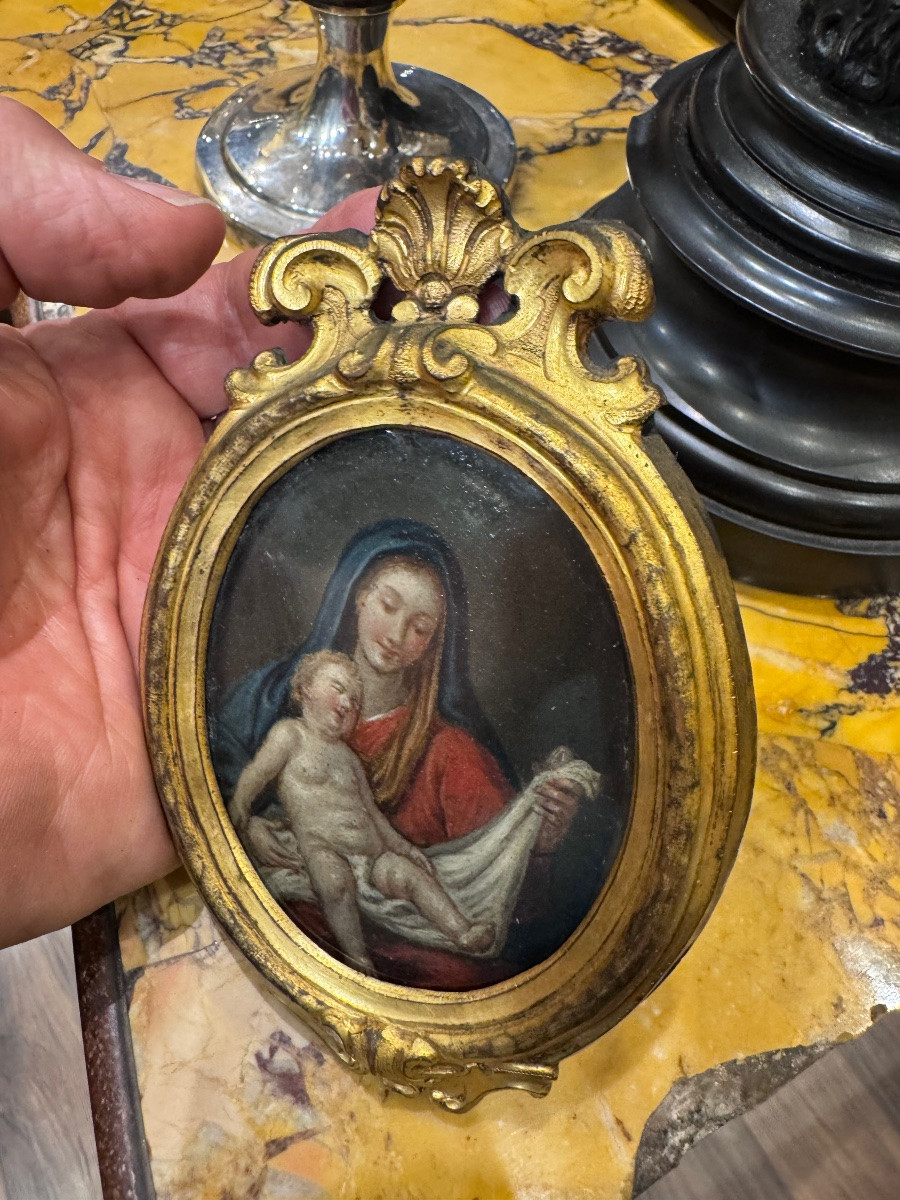 Magnifica miniatura dipinta finemente ad olio su rame , Napoli Luigi XV sec XVIII , con sontuos-photo-2