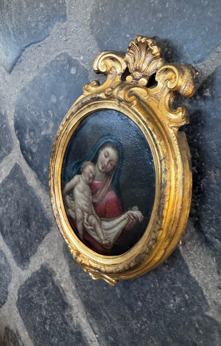 Magnifica miniatura dipinta finemente ad olio su rame , Napoli Luigi XV sec XVIII , con sontuos-photo-2