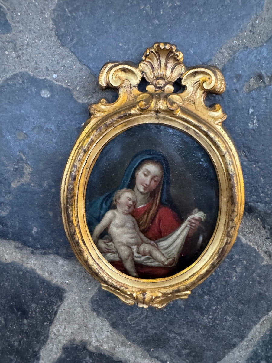 Magnifica miniatura dipinta finemente ad olio su rame , Napoli Luigi XV sec XVIII , con sontuos-photo-3