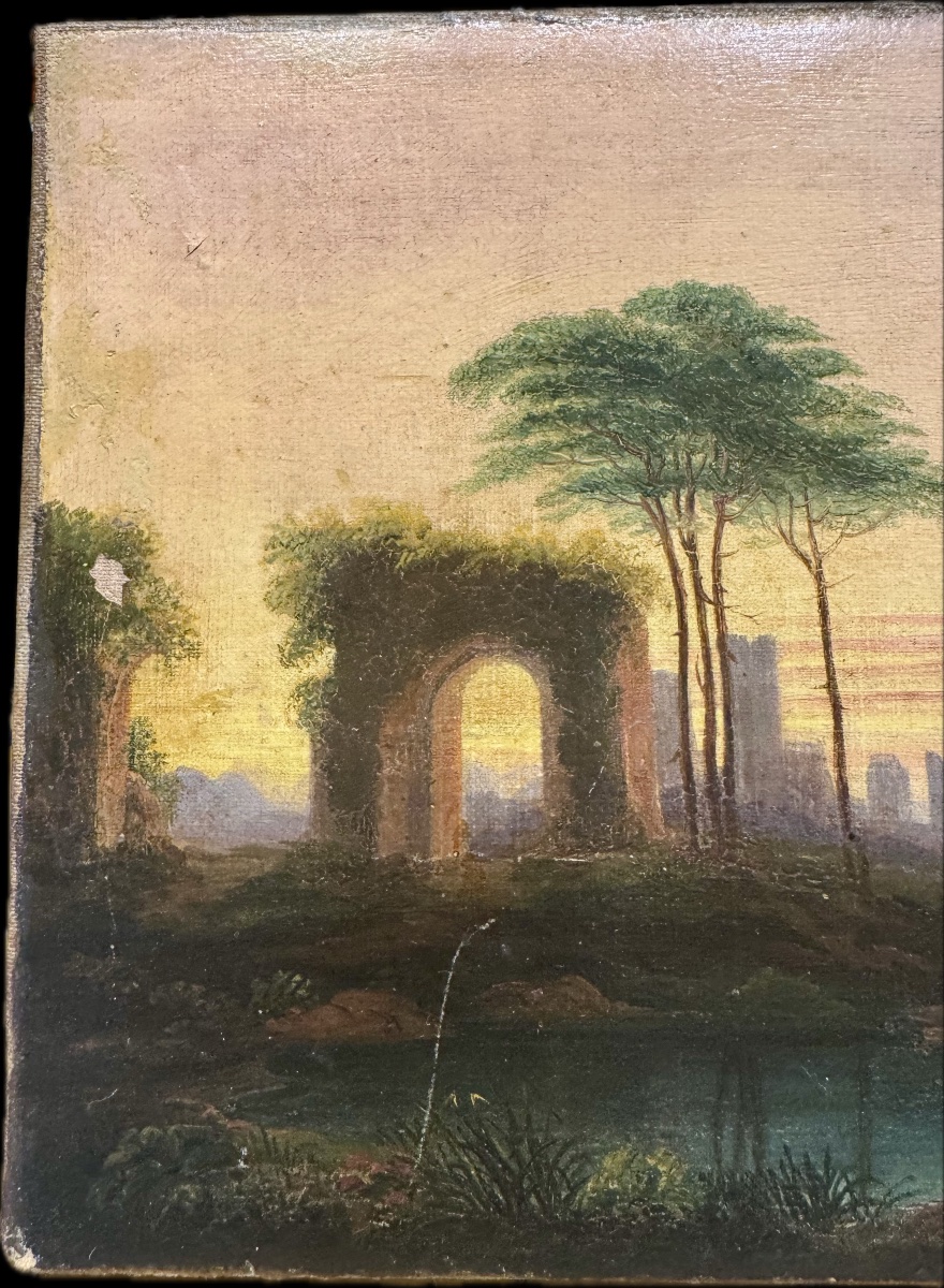 Antico dipinto olio su tela Firmato e datato sul retro con dedica 1871. Raffigurante la campagn-photo-2