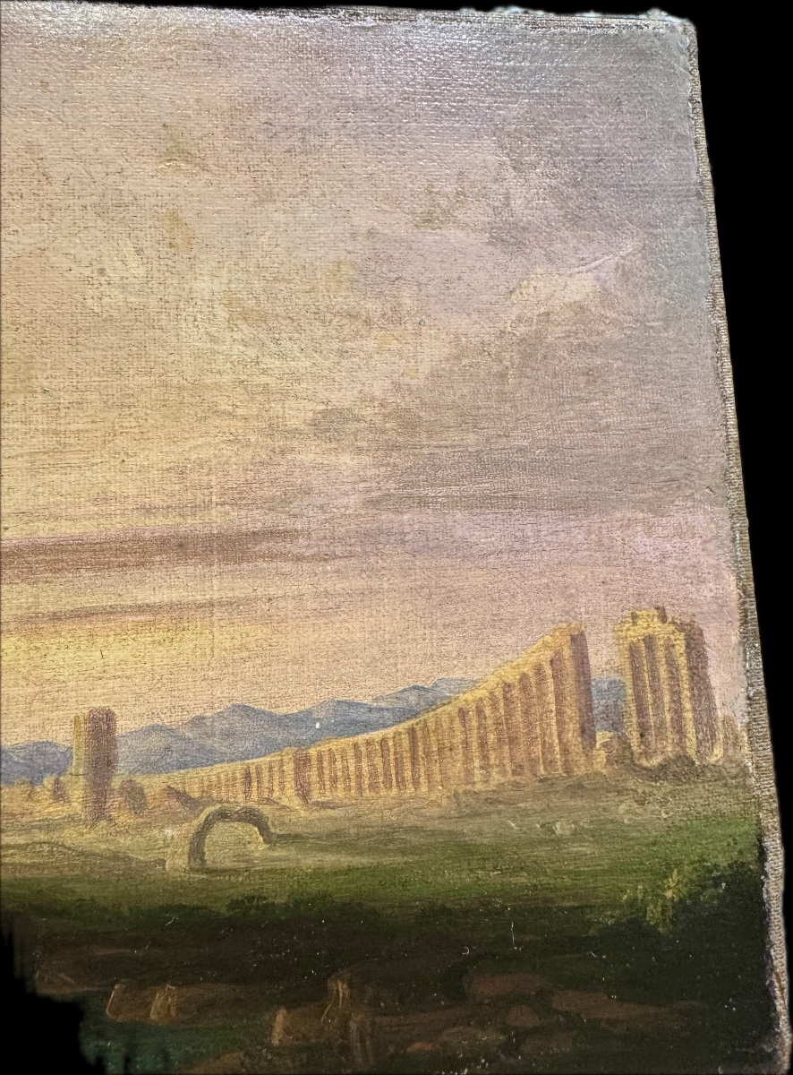 Antico dipinto olio su tela Firmato e datato sul retro con dedica 1871. Raffigurante la campagn-photo-3