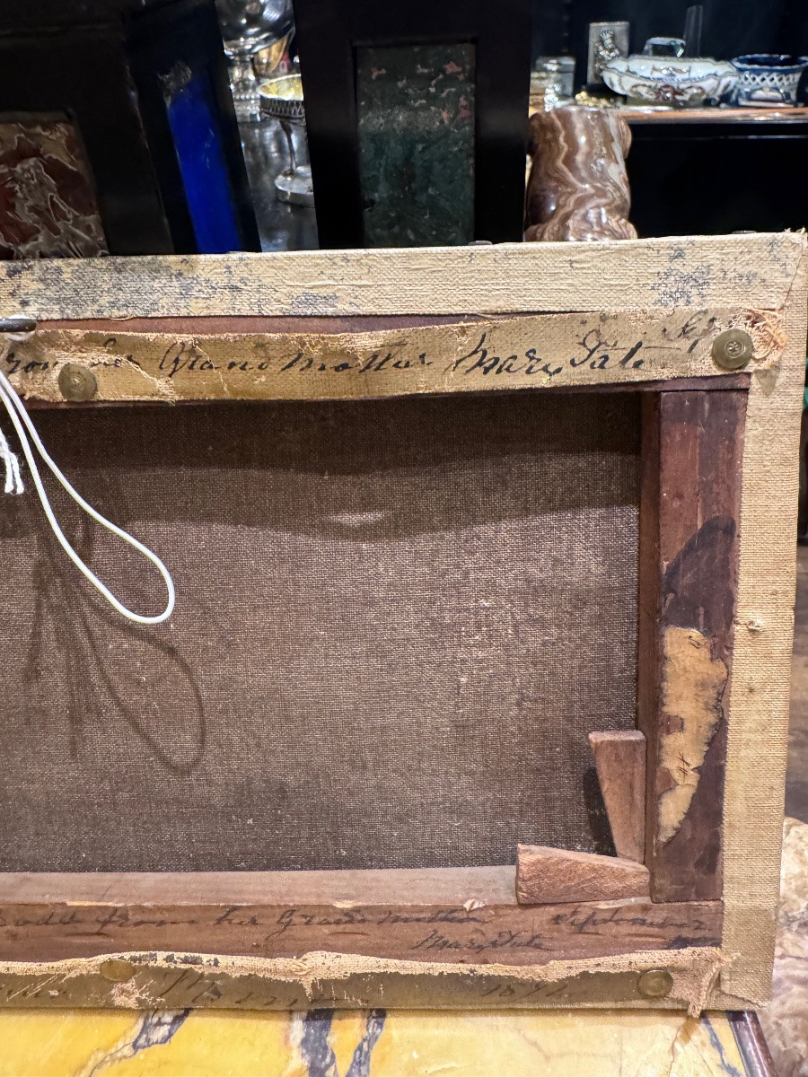 Antico dipinto olio su tela Firmato e datato sul retro con dedica 1871. Raffigurante la campagn-photo-4