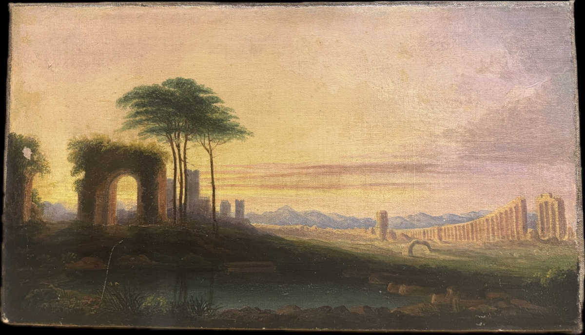 Antico dipinto olio su tela Firmato e datato sul retro con dedica 1871. Raffigurante la campagn