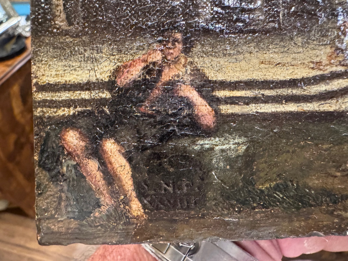 Antico interessante dipinto olio su tela riportata su una tavoletta di legno, frammento di un a-photo-2