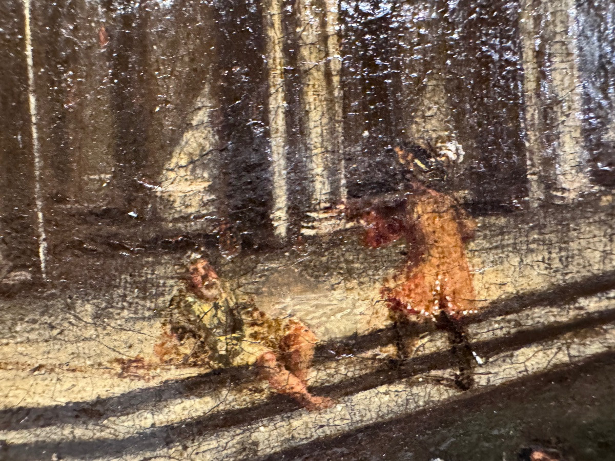 Antico interessante dipinto olio su tela riportata su una tavoletta di legno, frammento di un a-photo-3
