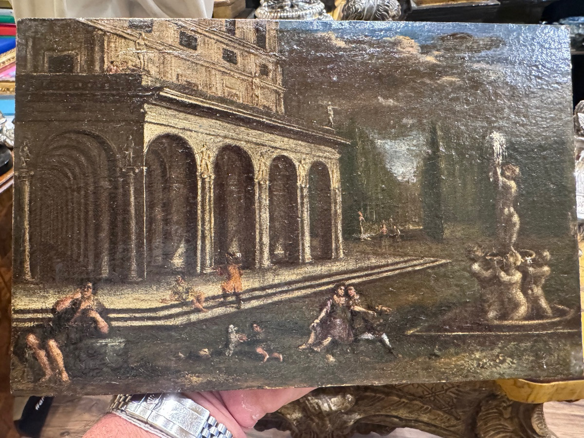Antico interessante dipinto olio su tela riportata su una tavoletta di legno, frammento di un a-photo-1