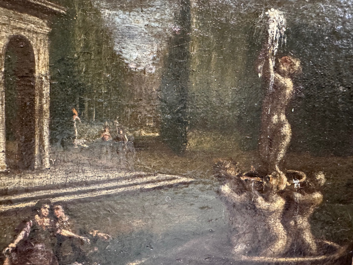 Antico interessante dipinto olio su tela riportata su una tavoletta di legno, frammento di un a-photo-3