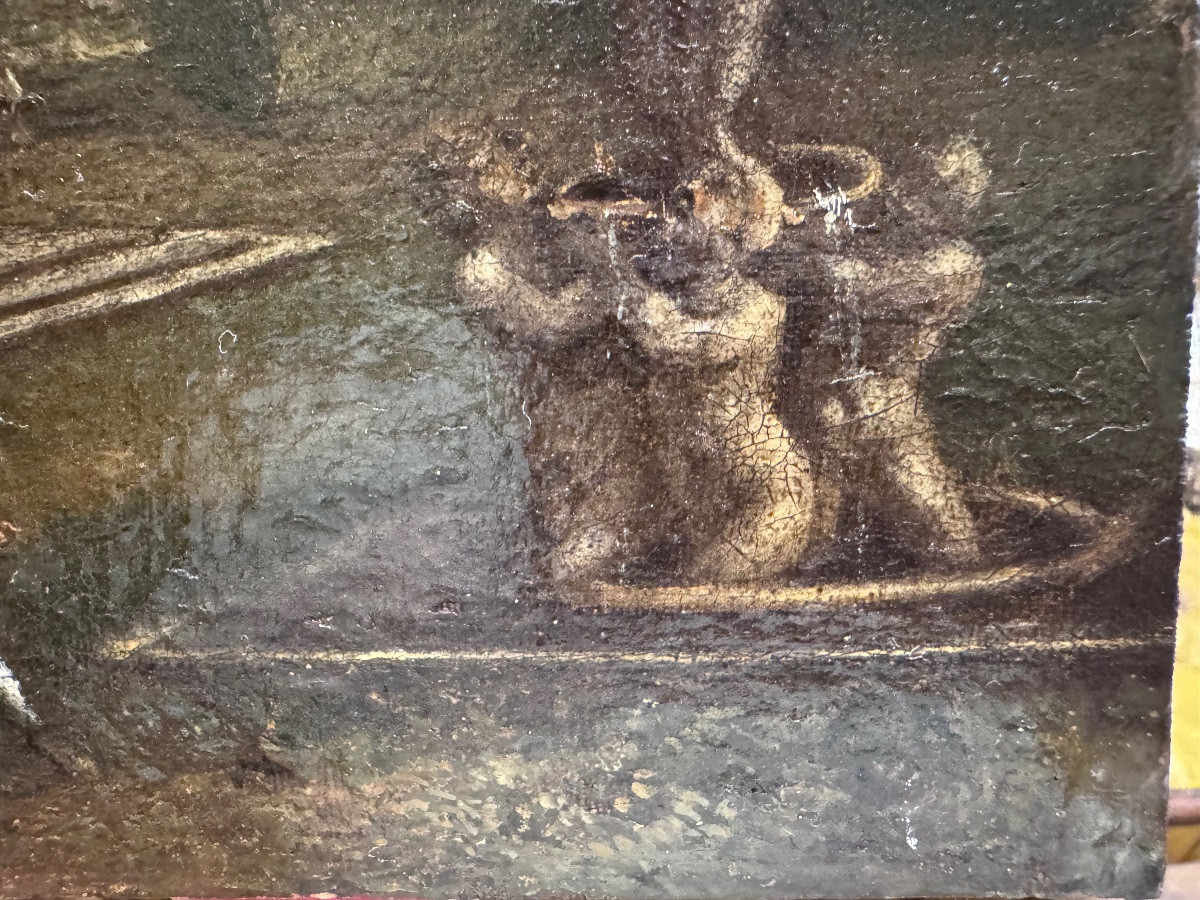 Antico interessante dipinto olio su tela riportata su una tavoletta di legno, frammento di un a-photo-5