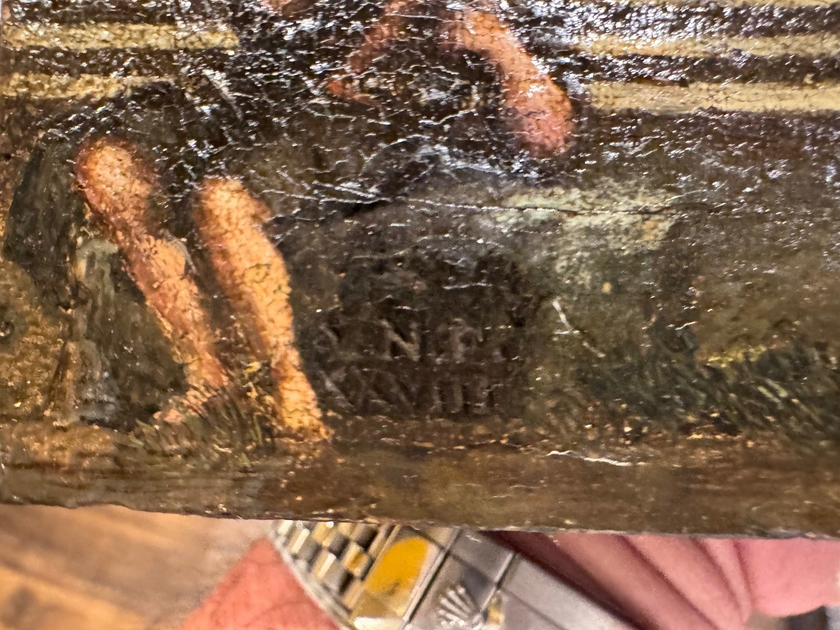 Antico interessante dipinto olio su tela riportata su una tavoletta di legno, frammento di un a-photo-6