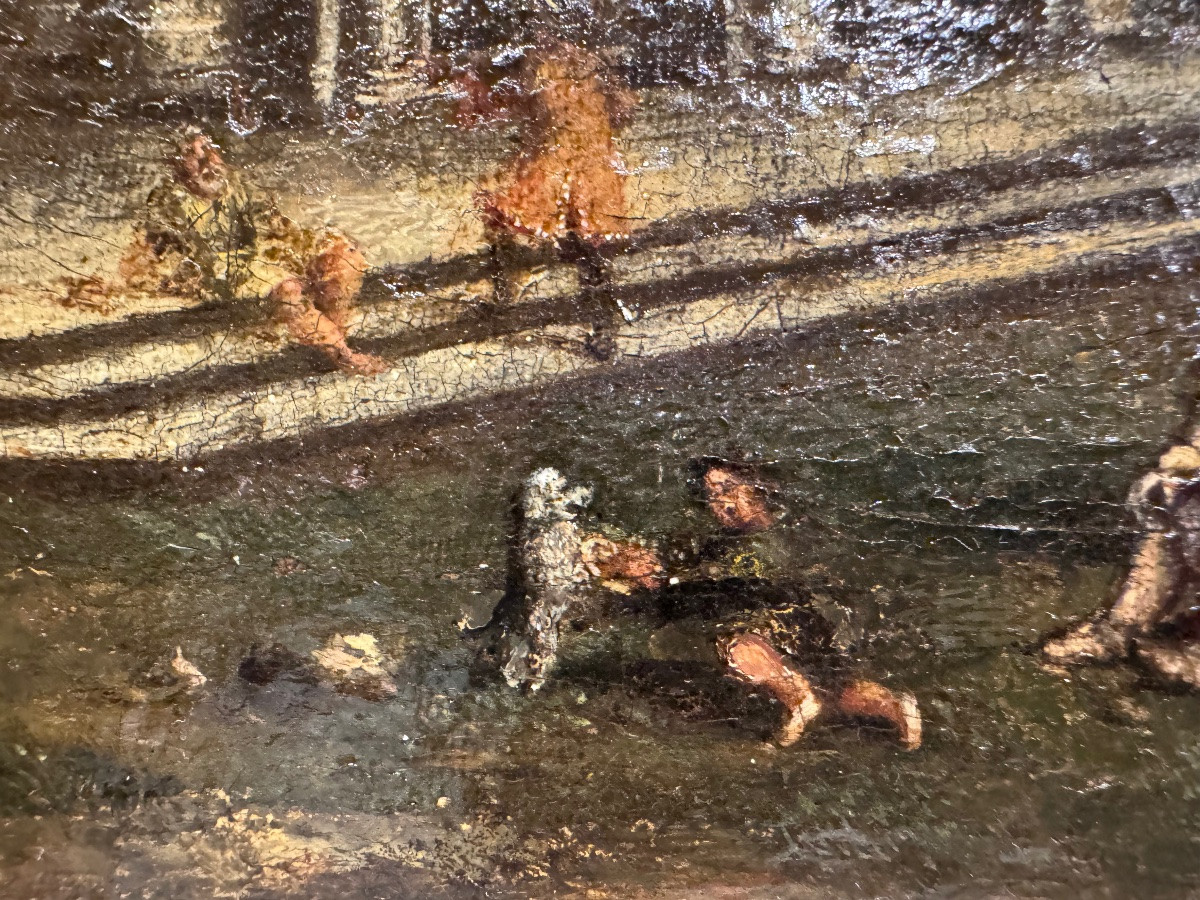 Antico interessante dipinto olio su tela riportata su una tavoletta di legno, frammento di un a-photo-7