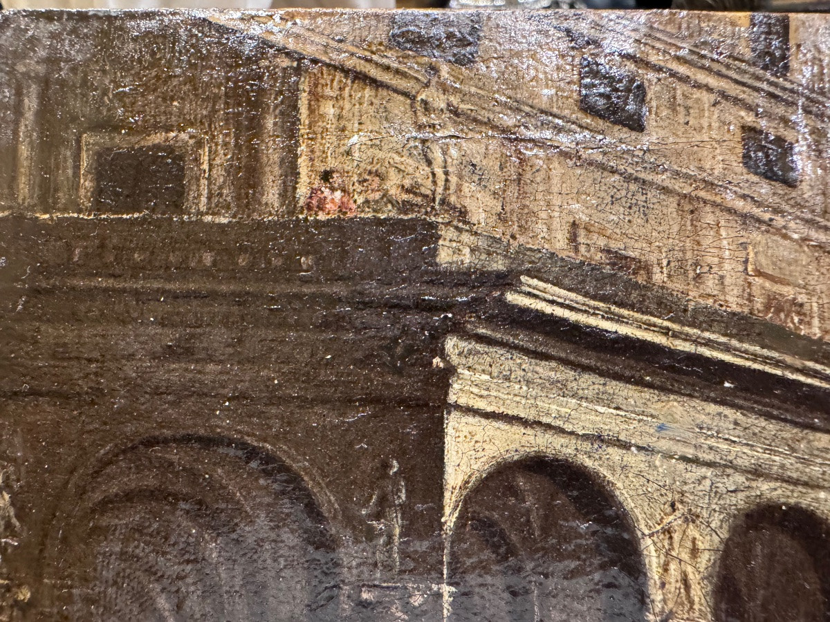 Antico interessante dipinto olio su tela riportata su una tavoletta di legno, frammento di un a-photo-8