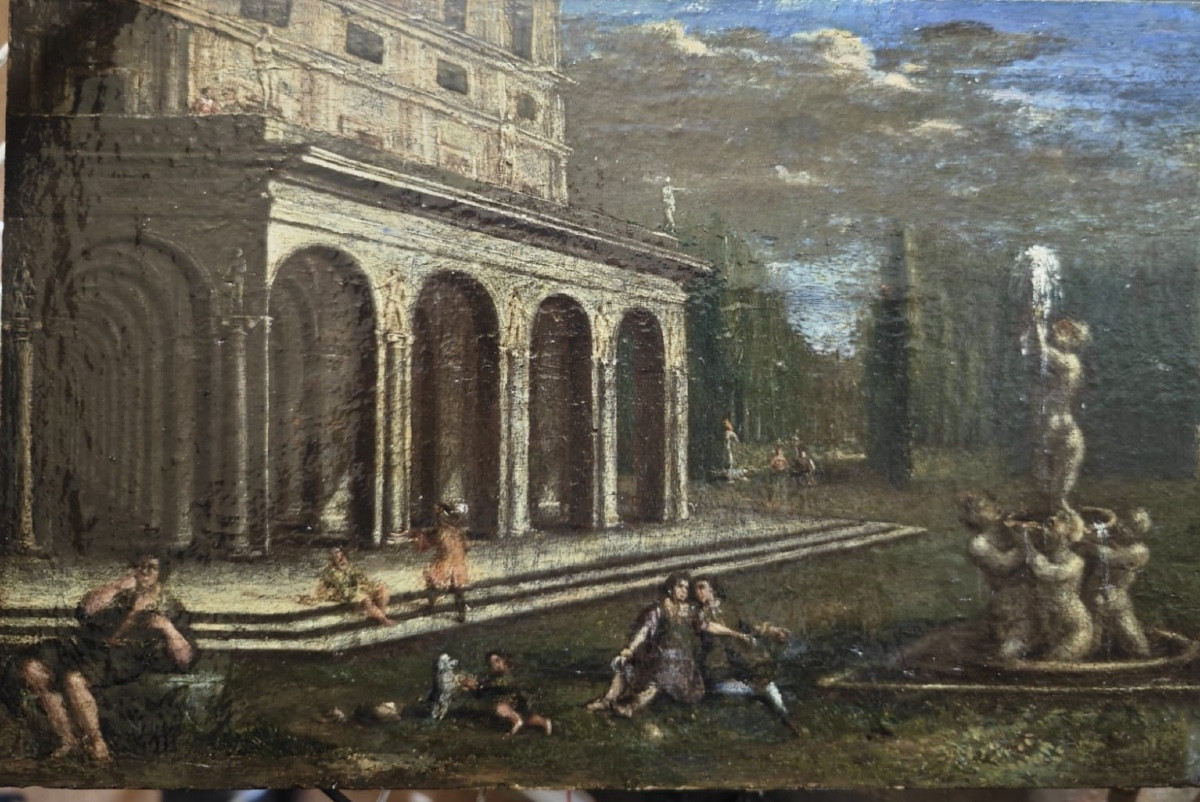 Antico interessante dipinto olio su tela riportata su una tavoletta di legno, frammento di un a