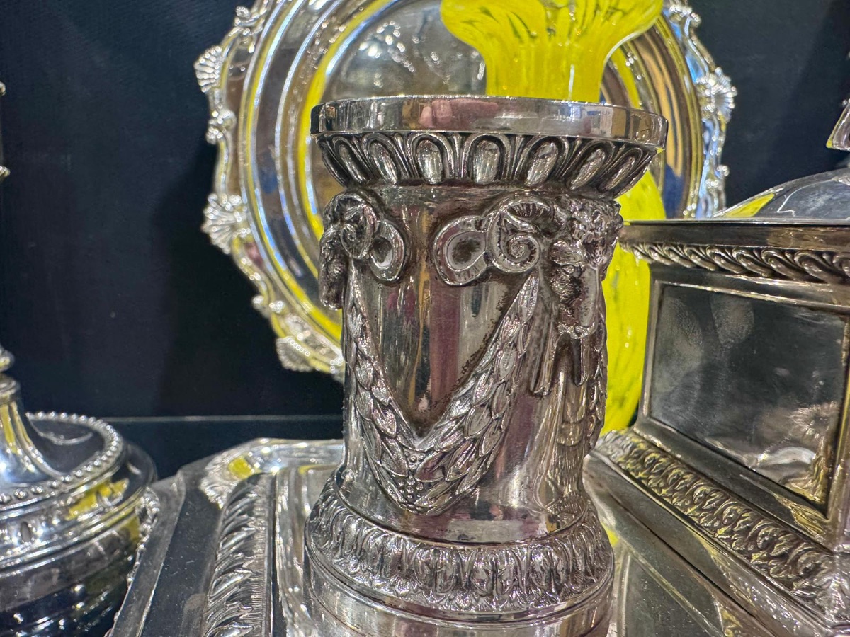 antico grande calamaio in argento sterling 925/000 Londra lettera T anno “1894 “ancora Regina V-photo-2