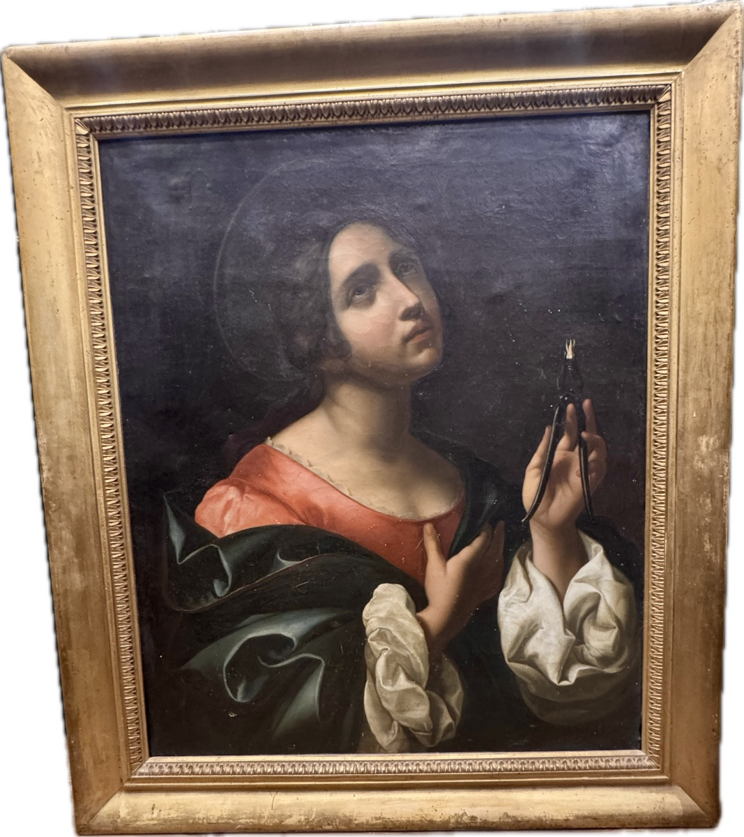 antico interessante dipinto , raffigurante Sant  Apollonia da Carlo Dolci , olio su tela , inte