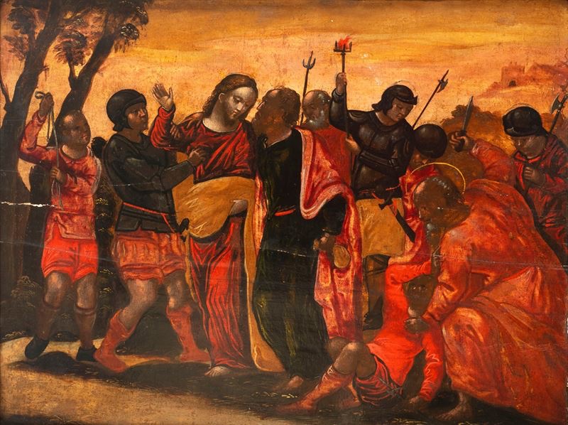 antico dipinto su tavola Veneto Cretese dei primi del 500 sec XVI , raffigurante la cattura di -photo-2
