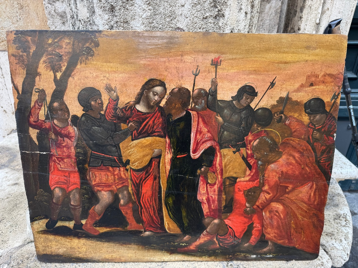 antico dipinto su tavola Veneto Cretese dei primi del 500 sec XVI , raffigurante la cattura di 
